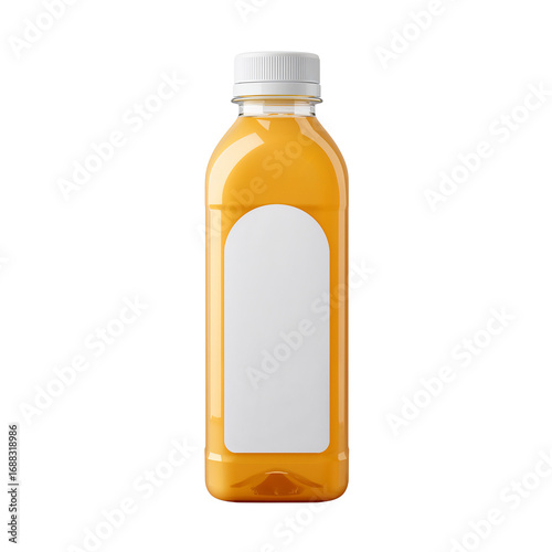 Isolated orange juice bottle with blank label presents a clean and refreshing view