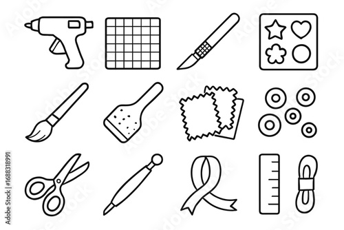 Cutting crafting craft scissors mat tools paintbrush ribbon glue icons vector sponge