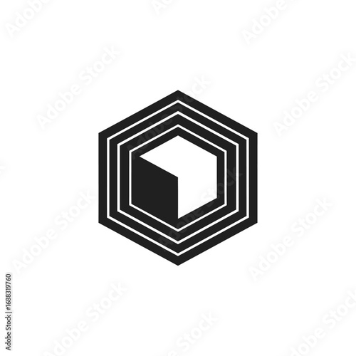 Abstract geometric hexagon shape enclosing cube graphic design
