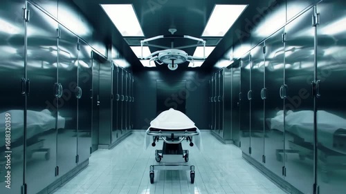 A stark perspective Hospital gurney in a modern mortuary setting with clinical precision