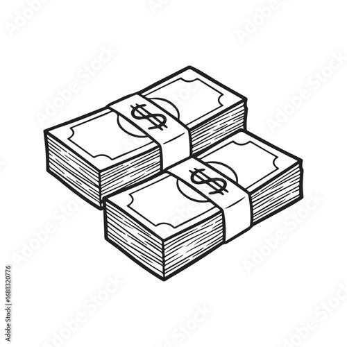 Cash money stacks line art icon. Hand drawn doodle of dollar bill bundles. Vector illustration for finance, wealth, business concepts
