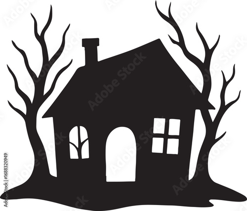 Silhouette of a spooky cabin, perfect for Halloween and haunted design projects.