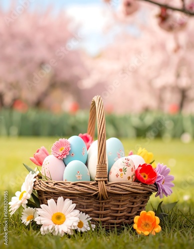 Colorful Easter eggs in a basket among flowers