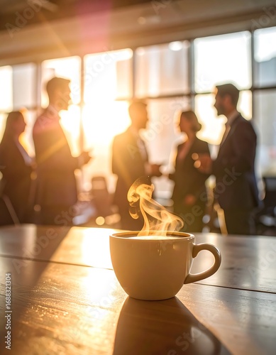 Coffee cup steaming at a networking event with people