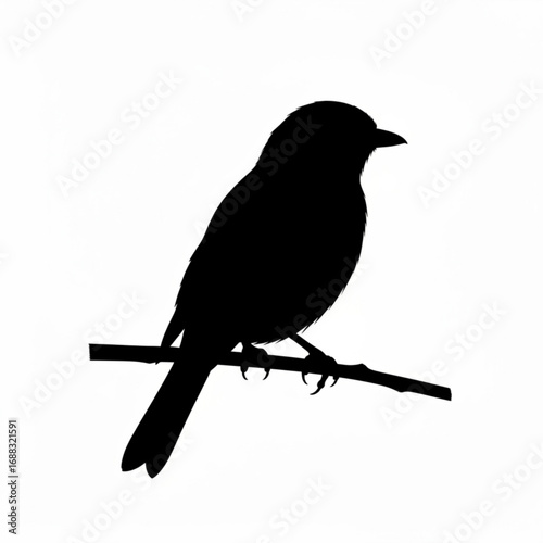 Silhouette of a small bird perched on a branch with its claws gripping tightly to the branch in black and white