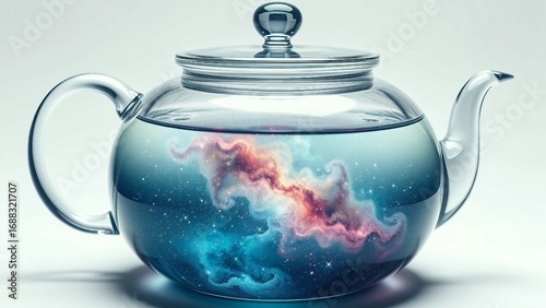 A captivating fusion of cosmos and everyday life An ethereal galaxy swirls within a glass teapot, offering a unique perspective