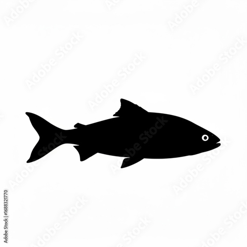 Silhouette illustration of a fish swimming with a distinct dorsal fin and caudal fin in black color