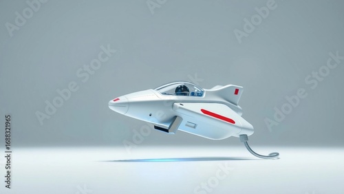 A futuristic personal aerial vehicle concept with a sleek white design, hovering with a blue energy glow in a clean studio. The future of individual mobility and transport innovation