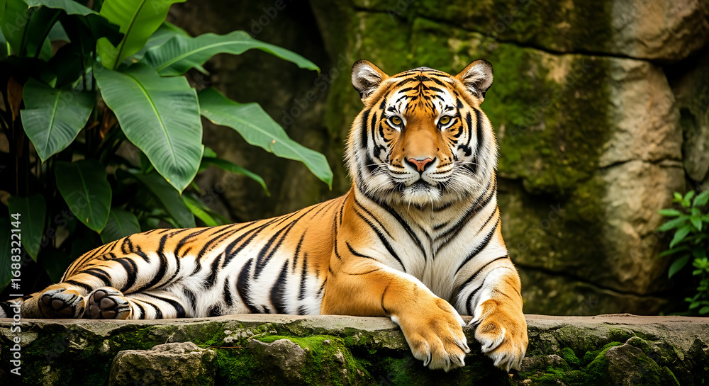 Obraz premium Majestic bengal tiger lying down in lush green jungle habitat
