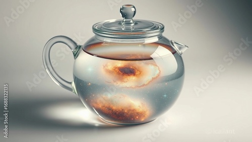 A transparent teapot with a galaxy-like element floating inside, depicting cosmic concept art