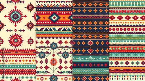 Set of 4 boho ethnic seamless patterns. Print. Repeating background. Cloth design, wallpaper.