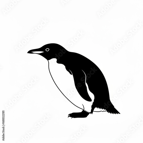 A penguin standing with its body angled to the right in a black and white vector illustration style image
