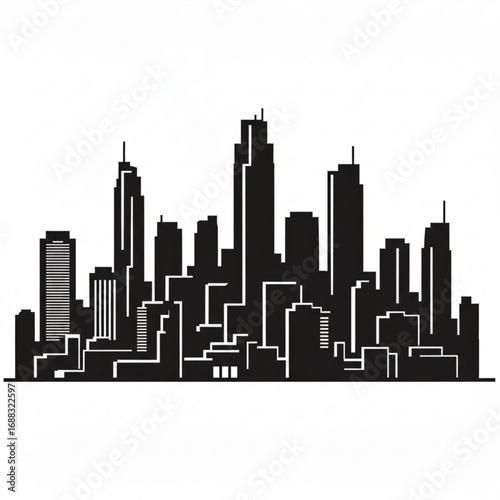 Silhouette of a cityscape against a white background with various buildings and skyscrapers visible clearly