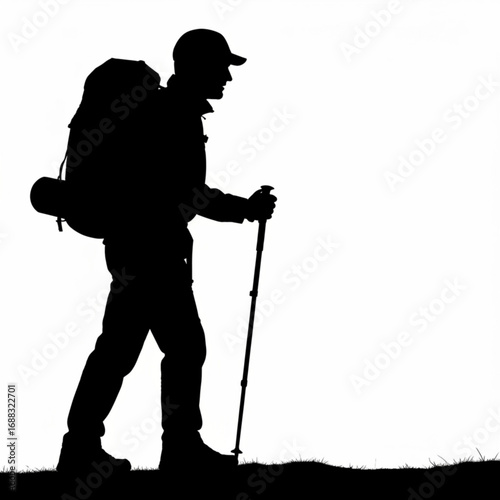Silhouette of a hiker with backpack and trekking pole walking on a path against a white background space