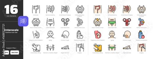 Enterocele Symptoms Icon Set Collection - Outline Line Art Style. Small bowel proplapse, pelvic pain, lower back pain, painful intercourse, pregnancy, aging, cough, constipation,surgery,kegel exercise