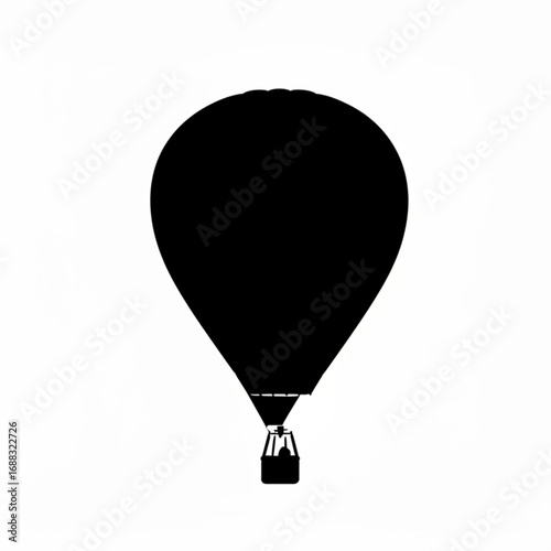A silhouette of a hot air balloon with a basket hanging below against a white background in a simple design