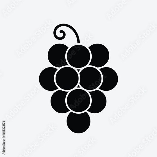 Illustration of a bunch of grapes the grapes are black and round, and they are arranged in a triangular shape with a curly stem