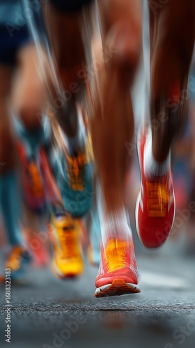 Runners' legs blurred during a city marathon.