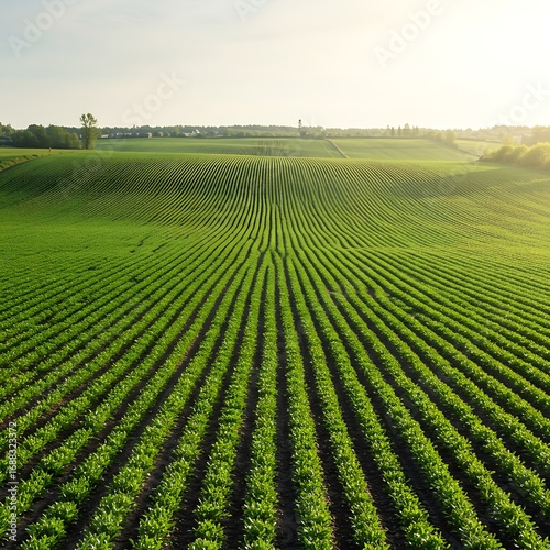 ​A picturesque rural landscape with a large, planted field creating a captivating visual pattern