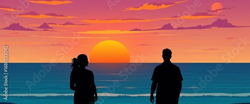 Silhouetted figures admire vibrant sunset over ocean, flat vector illustration,  horizon,  serenity