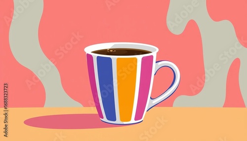 Simple illustration of a coffee cup with bold vertical stripes,  design, coffee cup