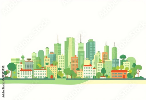 Simple minimalist vector illustration of an eco-friendly city landscape featuring green buildings and natural elements,  green buildings,  sustainability