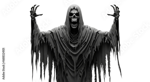 Horror Grim Reaper Ghost with Screaming Skull Face and Tattered Black Cloak Raising Menacing Hands Isolated on White
