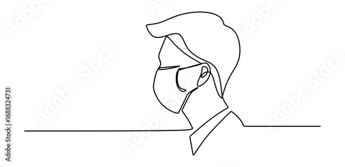 Continuous line art of a man wearing a mask. Concept of avoiding viruses. Concept of avoiding smoke and dust. Vector illustration