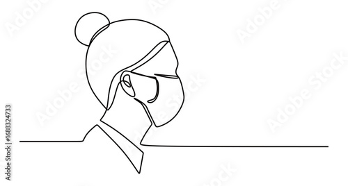 Continuous line art of a woman wearing a mask. Concept of avoiding viruses. Concept of avoiding smoke and dust. Vector illustration