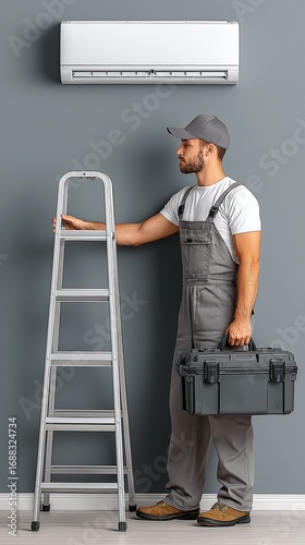 Male worker from AC maintenance business stands on ladder with toolbox and opens modern white air conditioner on wall.
