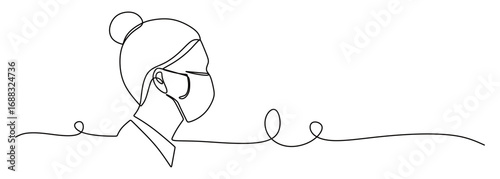 Continuous line art of a woman wearing a mask. Concept of avoiding viruses. Concept of avoiding smoke and dust. Vector illustration