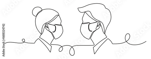 Continuous line art of a man and a woman wearing masks facing each other. Concept of avoiding viruses. Concept of avoiding smoke and dust. Vector illustration