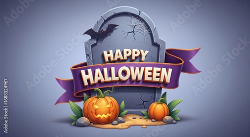 Happy Halloween cartoon illustration featuring a grey gravestone, purple banner, glowing jack-o-lantern, and bat.