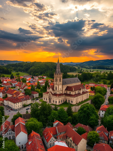 Wallpaper Mural Pannonhalma, Hungary - Aerial view of the town of Pannonhalma with the beautiful Millenary Benedictine Abbey of Pannonhalma (Pannonhalmi Apatsag) and dramatic sunset sky at summertime Torontodigital.ca