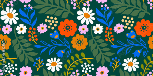 Vibrant retro floral pattern with daisy and bell flowers on dark green background