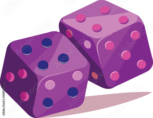 Two purple dice with colored dots for a game of chance