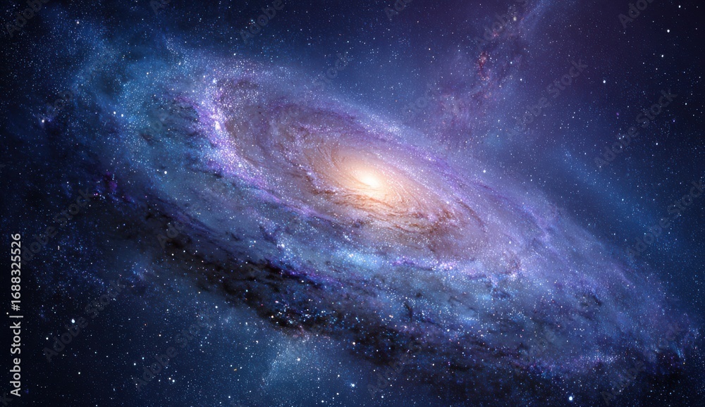 Fototapeta premium Spiral galaxy in deep space, vibrant hues of blue and purple, swirling nebulae, and scattered stars