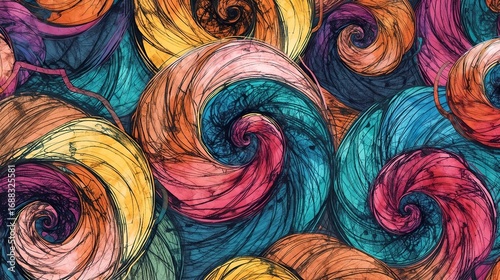Abstract swirls illustration with colorful spirals intricate line work and watercolor texture