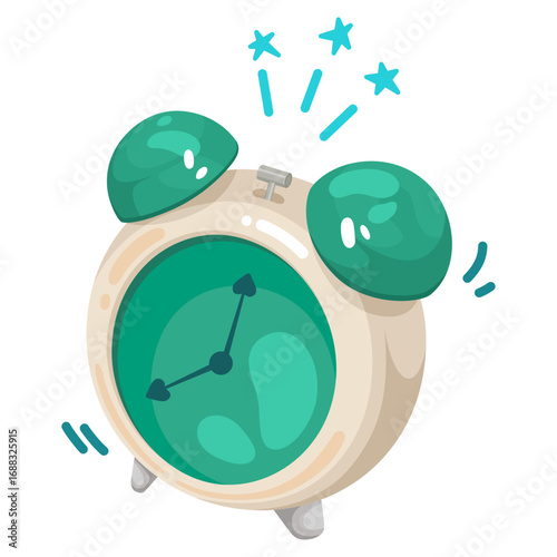 Cute illustration of a ringing alarm clock with stars and motion effects. Perfect for time management designs, school materials, reminder icons, and lifestyle graphics.
