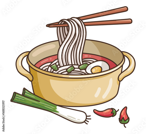 Cute illustration of hot noodle, ramen soup in a pot with egg, green onion, and chili peppers. Ideal for food blogs, recipe designs, restaurant menus, and cooking education materials.