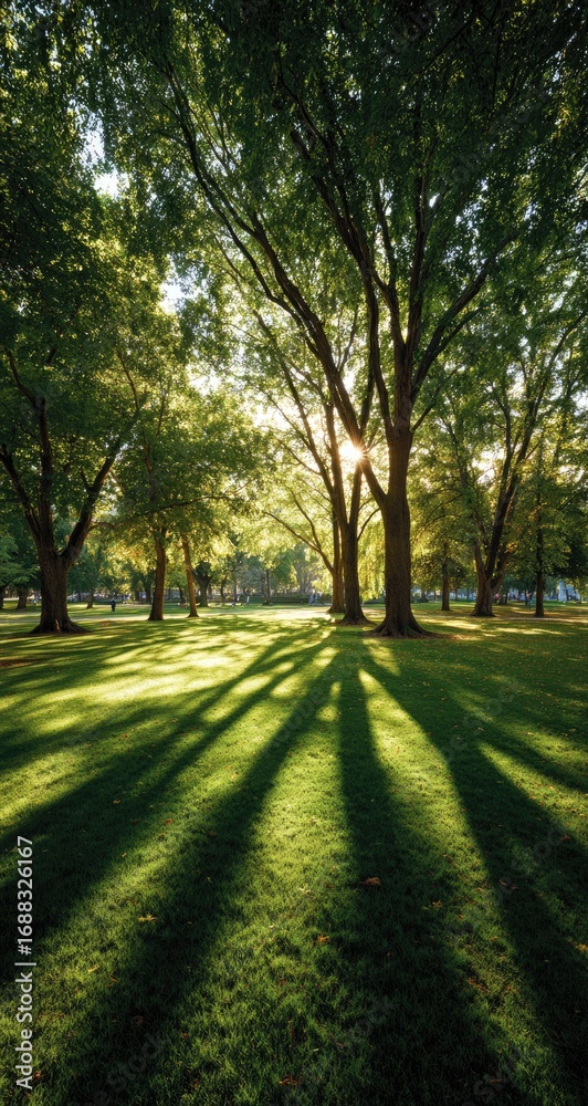 Obraz premium Sunlight filtering through trees in a park