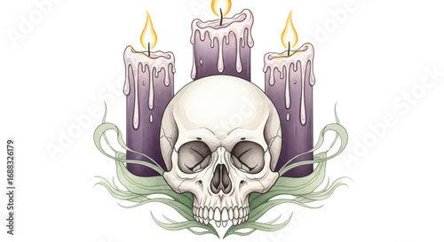 Detailed dark fantasy illustration of a human skull, three lit purple dripping candles, and eerie green mystical smoke art.