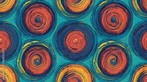 Repeating pattern featuring grunge style circles in orange yellow and blue on a teal background