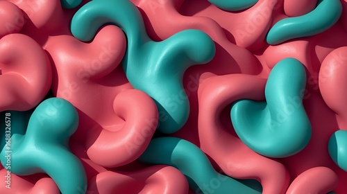 Abstract arrangement showing pink and teal organic shapes with soft shadows and smooth surfaces