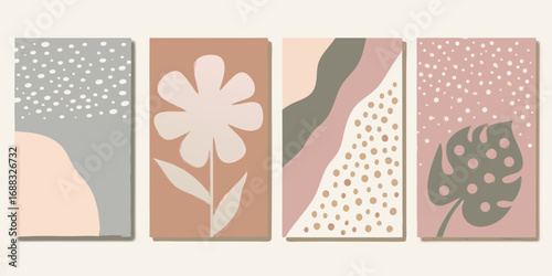 Set of four abstract minimalist vertical posters with organic shapes and botanical elements in muted earth tones
