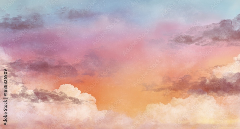 Naklejka premium Colorful, dreamy cloudscape. Soft pastel hues blend across a panoramic view of clouds