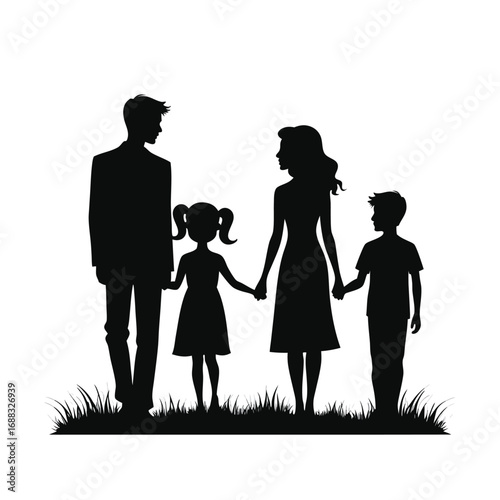 Black Silhouette Family Parents Two Children Holding Hands