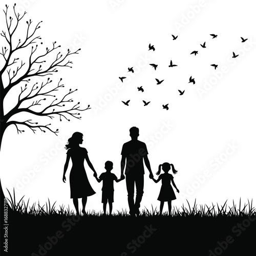 Black silhouette family walking under bare tree with birds flying