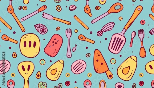 Whimsical doodle-style baking utensil pattern, seamless repeat,  pattern,  food