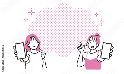 スマホの画面を見せる若い女性たちとコピースペース